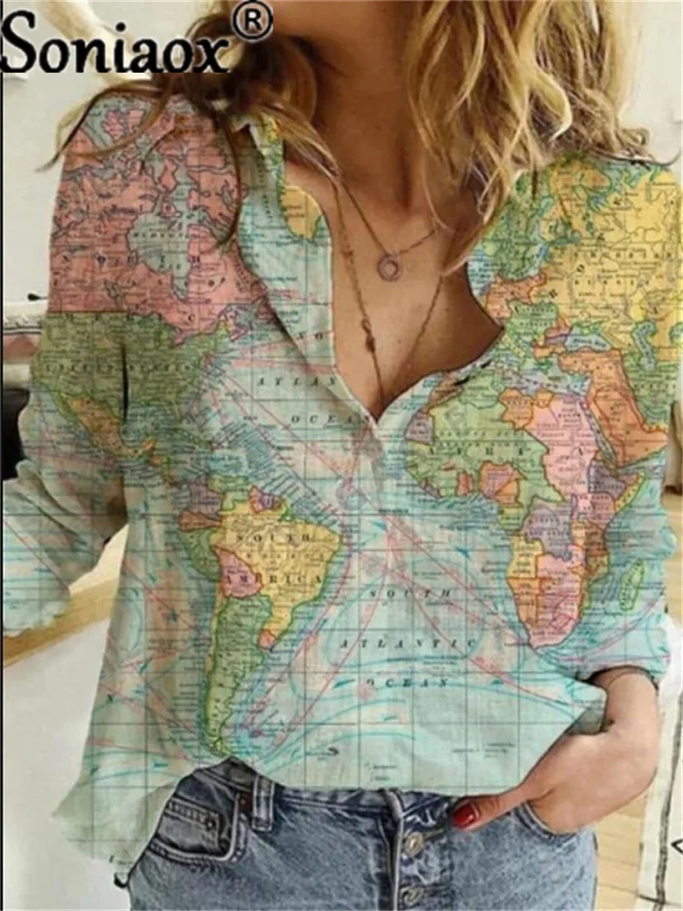 Harajuku Blouses Women Shirt Lapel Button Shirt World Map Print Long Sleeve Loose Casual Tops Summer Plus Size Clothing 2021