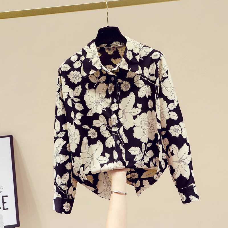 

Office Ladies Shirt 2021 Spring French Retro Floral Shirt Female Long-sleeved Bottoming Shirt Lapel Flowers Pattern Cardigan Top