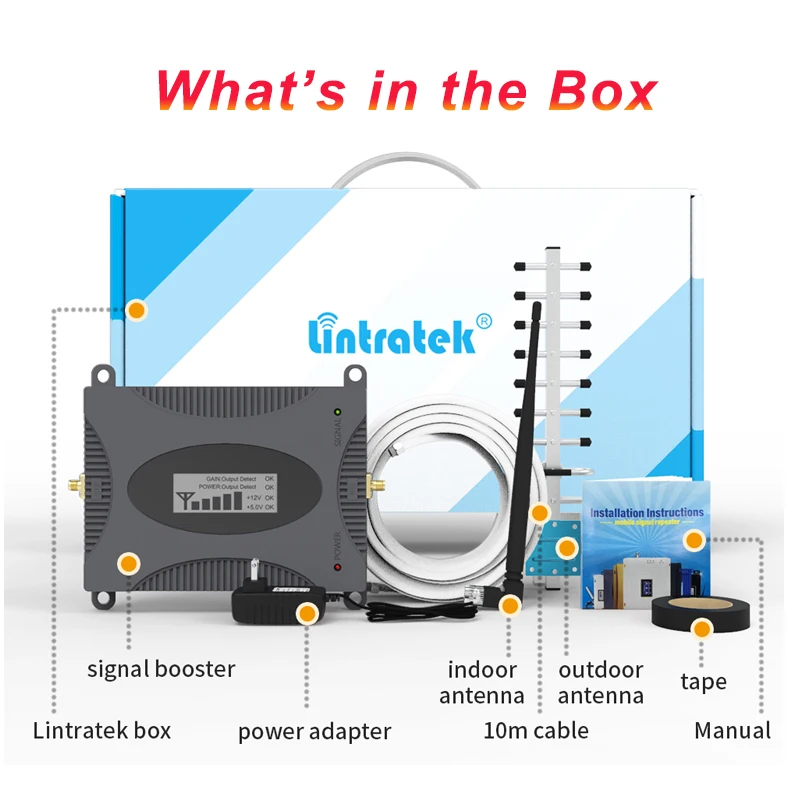 Lintratek 1800mhz 4G Signal Amplifier LTE 1800 GSM 900mhz 3G WCDMA 2100 Sound Booster Repeater 2G 3G 4G Yagi Antenna 10M kit LCD