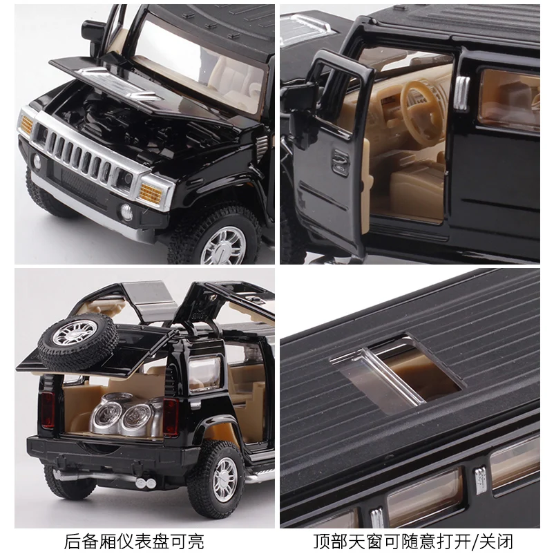 1:32 Alloy Hummer H2 Lengthen Limousine Metal Diecast Car Model Sound and Light Pull Back Flashing Musical Kids Toy Vehicles