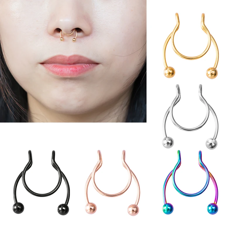 1pc Fake Piercing Nose Ring Hoop Septum Stainless Steel Clip Ear Lip Rings Faux Earring Non Piercing for Women Men Body Jewelry