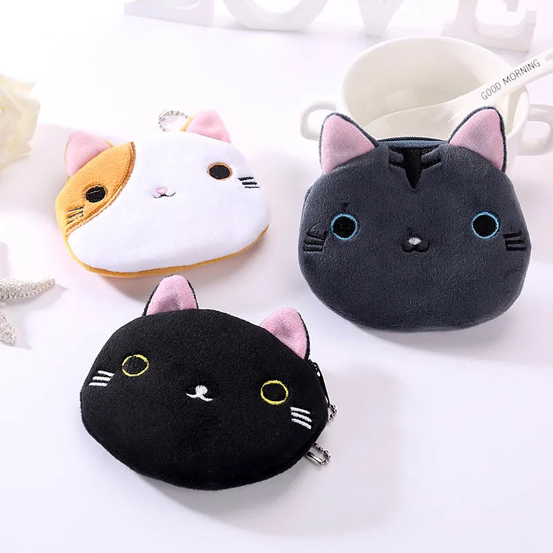 Cute Cat Face Girls Plush Coin Purse Children Zip Coin Bags Storage Pouch Cute Animals Wallet Women Mini Handbag With Keychain