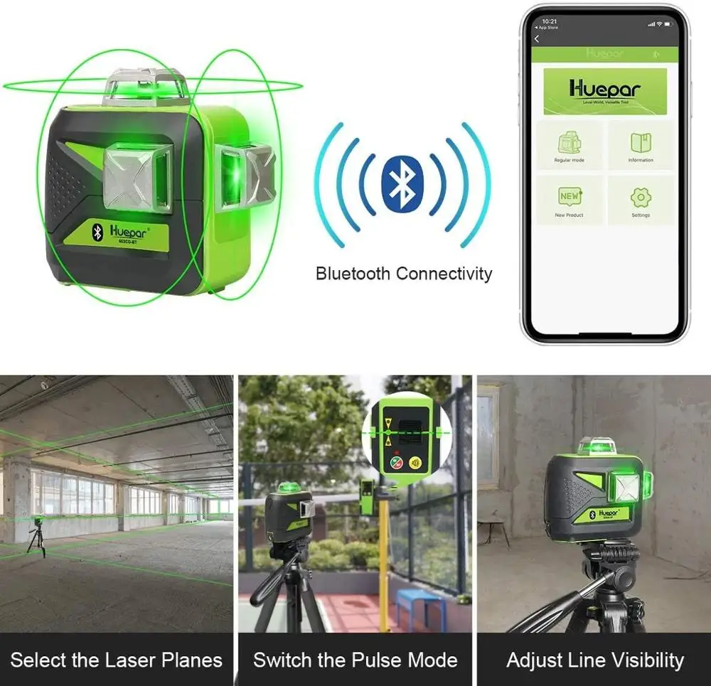 3D лазерный уровень Huepar 3x360 с зеленым лучом и Bluetooth-подключением, трехуровневый самовыравнивающийся инструмент с перекрестными линиями и чех...