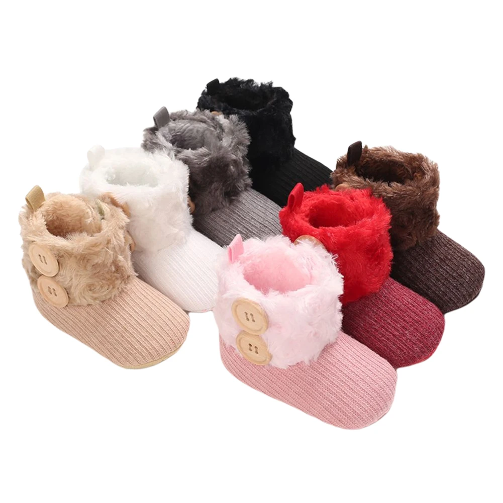 Baby Girls Snow Boots Soft Sole Anti-Slip Infant Prewalkers Winter Warm Fur Knit Booties with 2 Buttons 0-18M