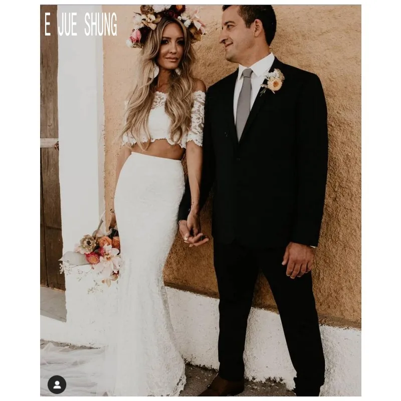 E JUE SHUNG Modern Two Piece Beach Wedding Dresses Off The Shoulder Short Sleeves Lace Mermaid Bridal Gowns Vestidos De Novia