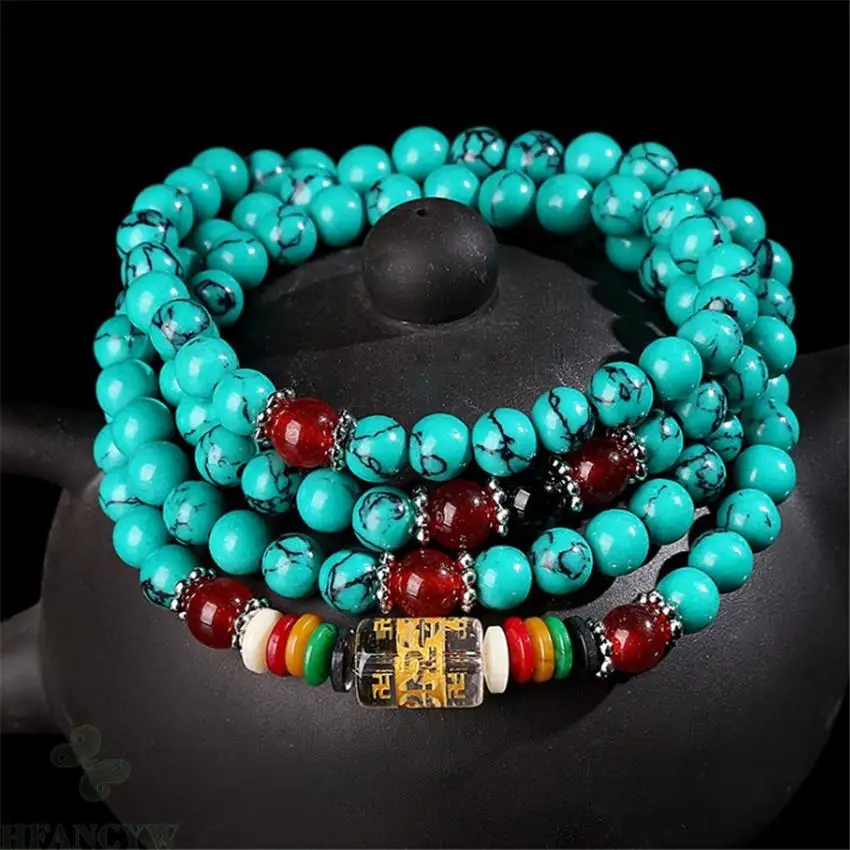 

6mm 108 turquoise Buddha pearl bracelet Handmade energy spirituality Bead pray tassel unisex pendant yoga Mala Prayer Men