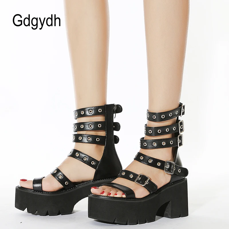 Gdgydh Summer Gladiator Sandals Women Metal Rivet Punk Streetwear Wedge Square Heels Platform Ankle Buckle Strap High Quality