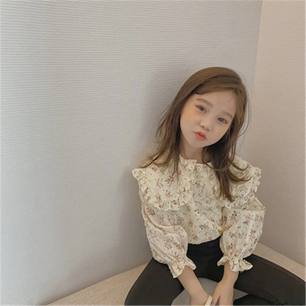 Korean Style Toddlers Kids Children Clothes Spring Autumn Baby Girls Ruffles Princess Blouses Floral Printing Long Sleeve Tops