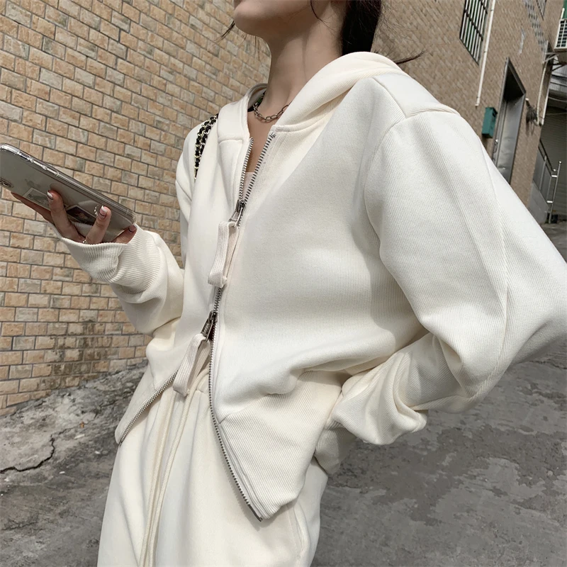

Spring Autumn Women Two-Piece Hoodie Casual Hooded Sweatshirt Female Zipper Jacket Straight Trousers Sports Pants Suit
