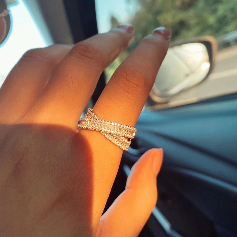 Luomansi Super Flash Full Diamond Double Ring Interlaced Ring S925 Silver Super Flash Ring Wedding Women Fine Jewelry
