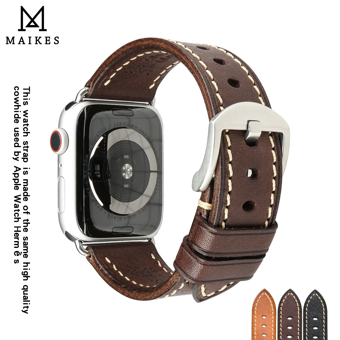 MAIKES Leather Strap For Apple Watch Band 49mm 45mm 41mm 44mm 40mm 38mm 42mm iWatch Series 8 7 6 SE 5 4 3 Calfskin Bracelet