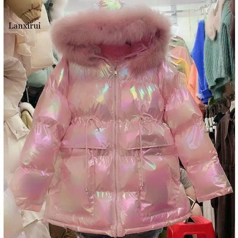 Winter Jacket Women Shell Glossy Hooded Jacket Women Large Fur Slim Padded Warm Women\'s Winter Jackets Waterproof Snow Outcoat