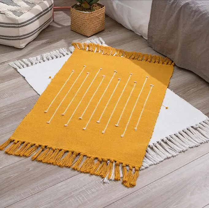 Modern Tassel Retro Bohemian Carpet Hand Woven Cotton Linen Carpets Rug Bedside Floor Mat Living Room Bedroom Carpet Home Decor