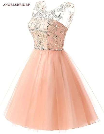 ANGEBRIDEP Sheer Neck Short/Mini Homecoming Dresses Fashion Beadings Tulle Special Occasion Graduation Gala Cocktail Dresses