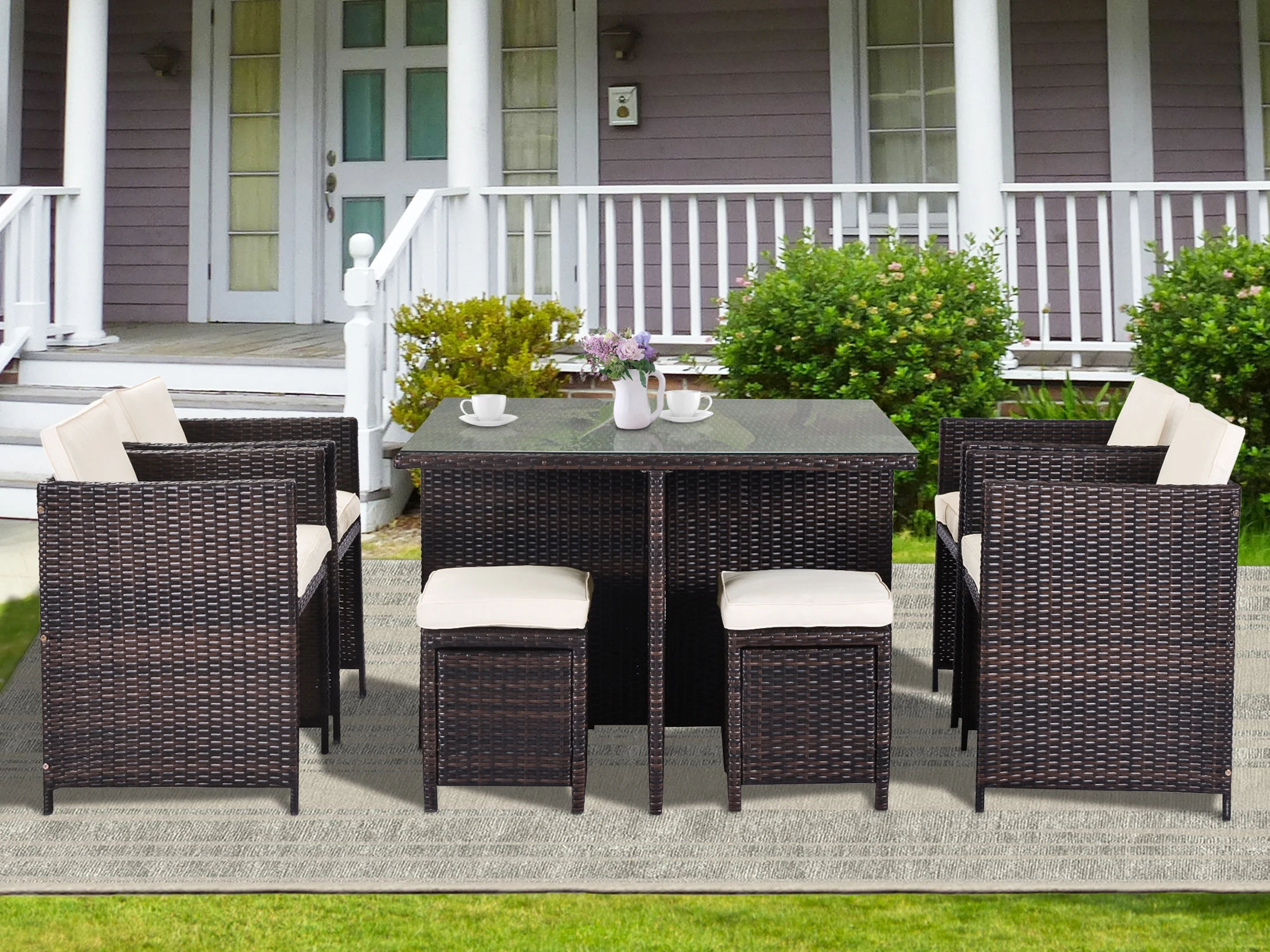 9-Pcs Outdoor Furniture Rattan Conversation Set with Cushions Patio Rattan Dining Set 1 Table+4 Chairs+4 Ottomans[US-Depot]