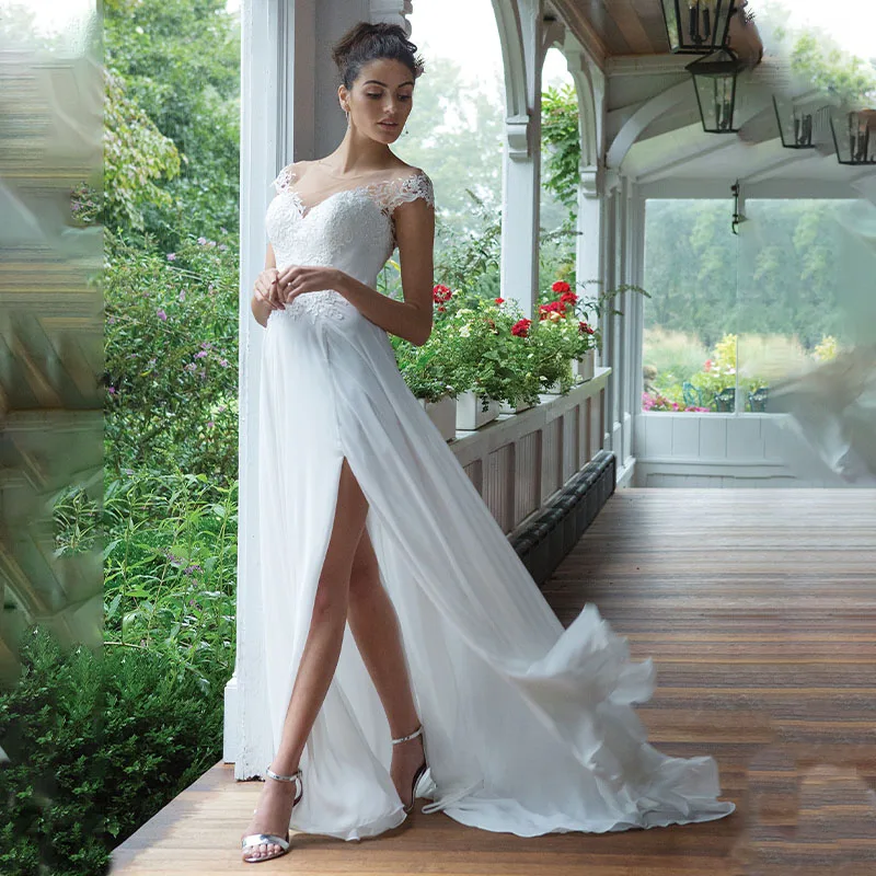 

Sexy A Line Wedding Dress 2022 Fashion Boho Cap Sleevs Applique Chiffon Bridal Gown Side Slit Custom Made
