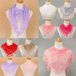 Women Lace Scarf  Pure Color Lace Tassel Headscarf Triangle Scarf Hollow Out Tassel Shawls Scarves Thin See Through Scarf Red