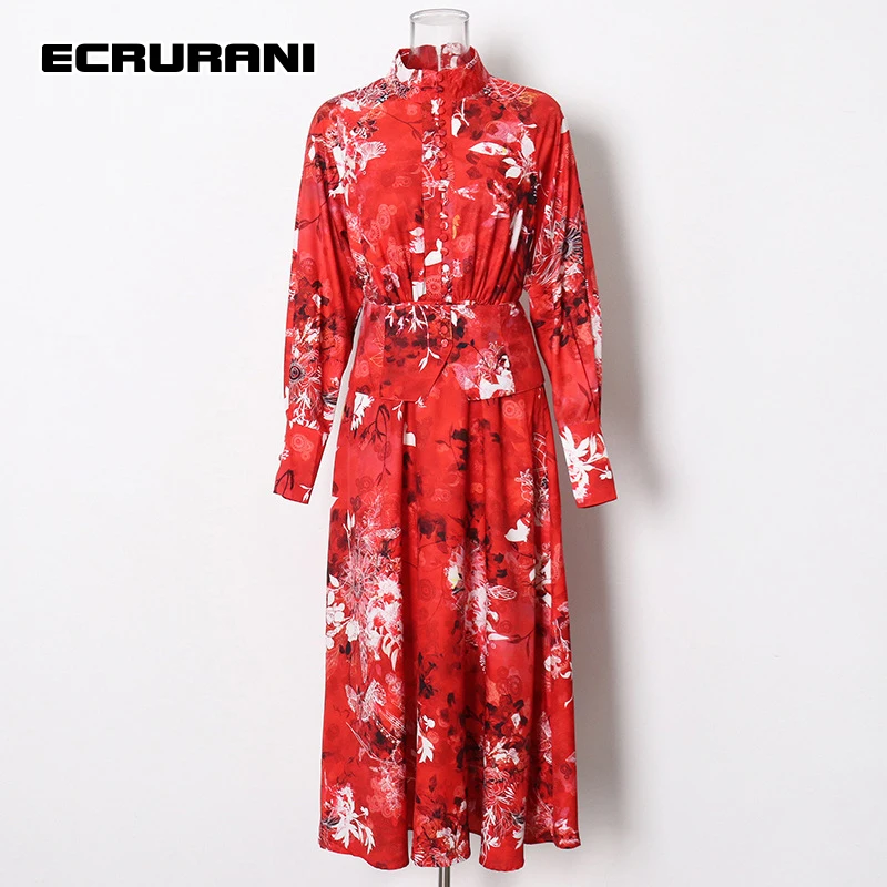 

ECRURANI Print Vintage Dress For Women Stand Collar Lantern Long Sleeve High Waist Lace Up Hit Color Dresses Female 2021 Stylish
