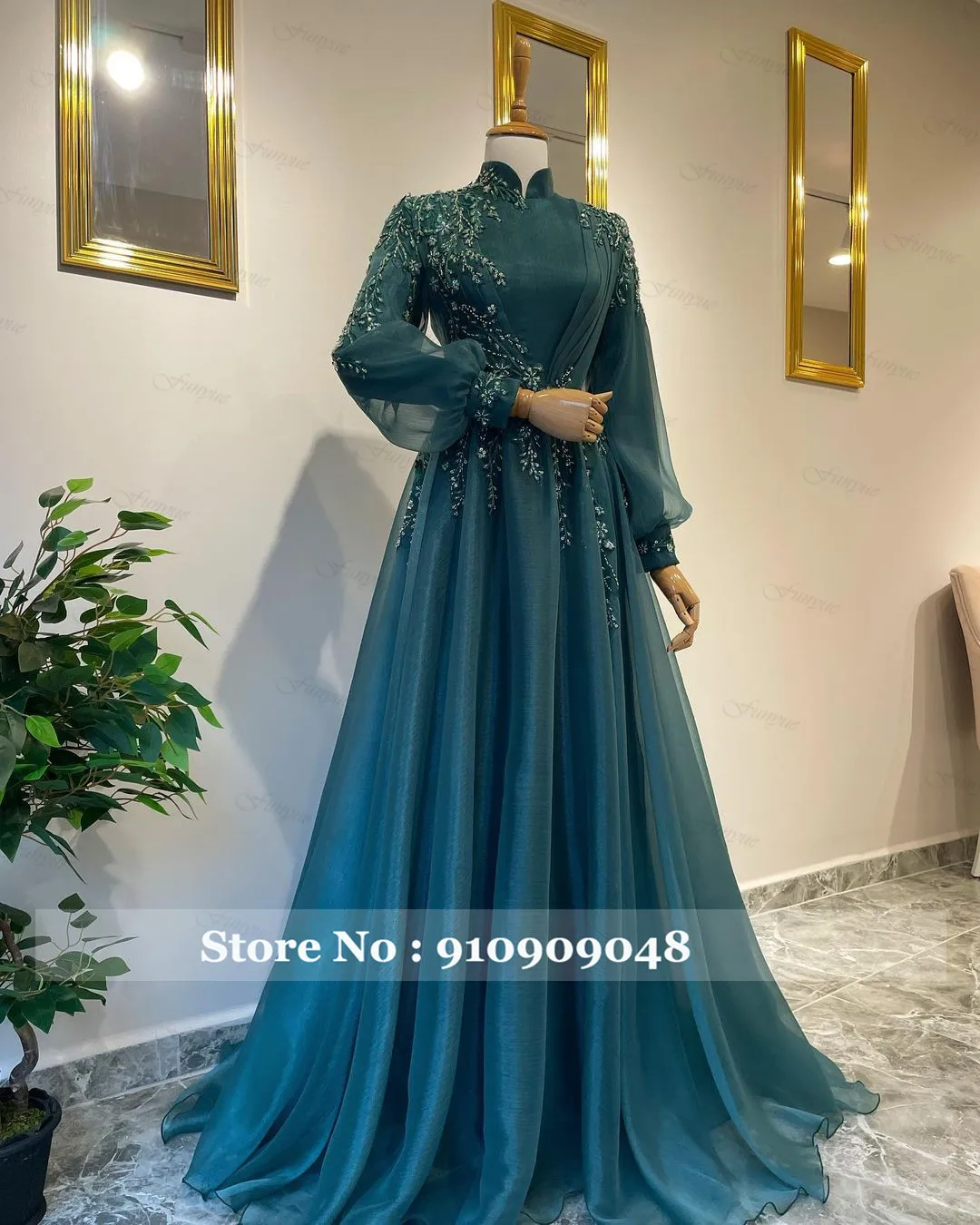 Elegant Teal Long Sleeve Muslim Formal Dresses 2023 A Line Tulle Lace Beaded Arabic Prom Evening Gowns for Women Robe De Mariée