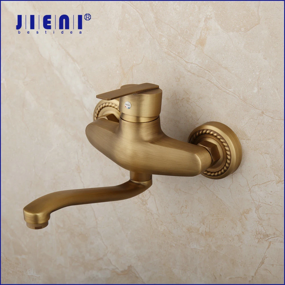 

JIENI 360 Swivel Antique Brass Bathroom Basin Sink Mixer Tap Bathtub 1 Handle Solid Brass Wall Mounted Kitchen Sink Mixer Faucet