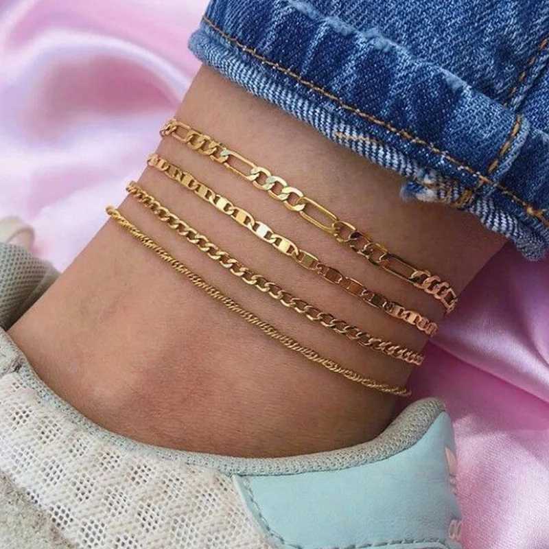 Gold Silver Color Alloy Punk 3 Pcs/Set Ankle Chains Female Simple Anklets for Women 2020 Fashion Summer Beach Foot Jewelry