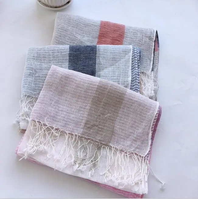 Spring And Summer New Linen Plaid Scarf Long Beach Outdoor Tourism Sunscreen Shawl Women Linen Scarf Wholesale And Retail