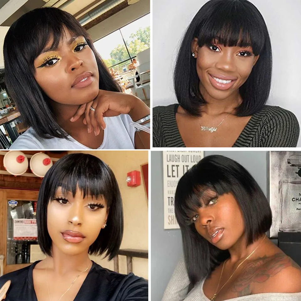 Tinashe beleza em linha reta bob peruca com franja brasileiro perucas de cabelo humano para preto feminino remy cabelo completo peruca curto bob perucas