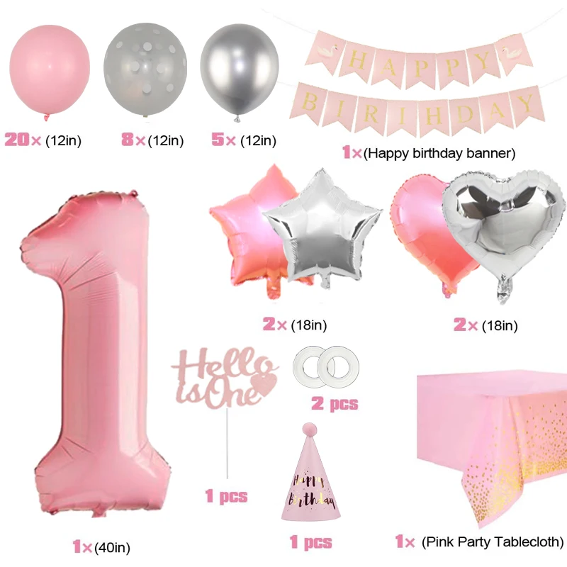 44Pcs/Set Pink First Birthday Girl Party Balloon Garland Banner Cake Topper Tablecloth Hat 1st Birthday Decoration For Baby Girl