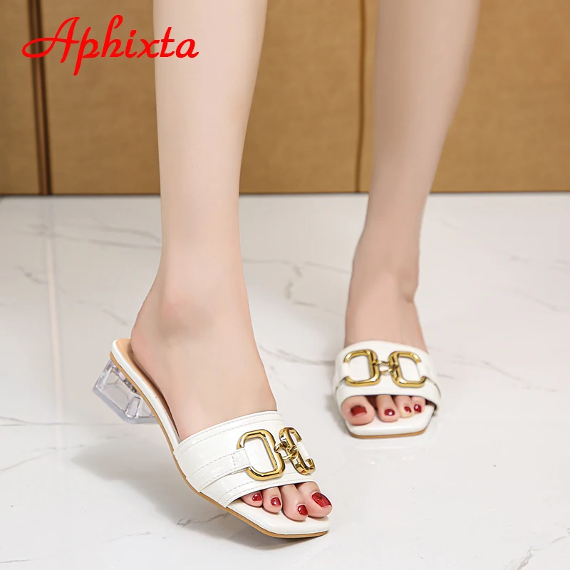 Aphixta 2022 Metal Buckle 3.5cm Transparent Square Heels Slides Women Peep Toe Mules Cool Summer Slippers Sandals Elegant Shoes