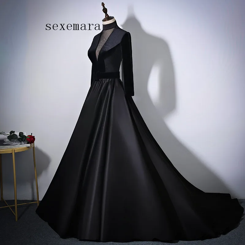 Robe de soirée formelle noire, robe de mère de la mariée, vintage, col haut, manches longues, personnalisé, livraison gratuite, nouvelle collection 2018