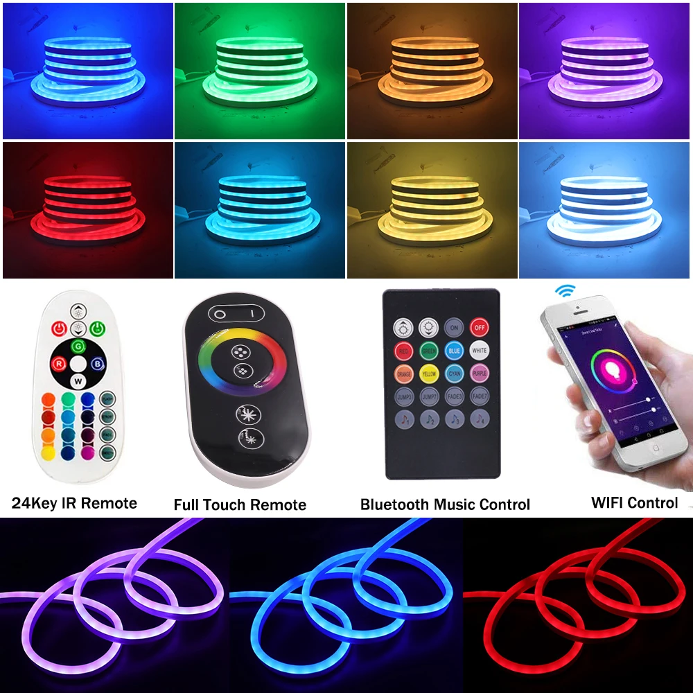 Luz de néon led 220v flexível rgb fita led com controle remoto toque completo 5050 120 leds à prova dwaterproof água sinal néon corda lâmpada ue