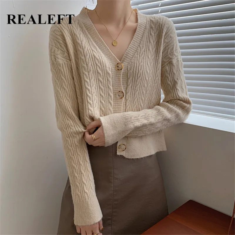 

REALEFT 2021 New Women's Sweater Knitting Cardigans Vintage Solid Color Long Sleeve Casual Elegant Ladies Knitted Tops Female