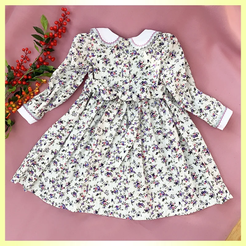 Smocked Dress for Kids Girls 2023 Autumn Long Sleeve Floral Elegant Princess Cotton Dresses Girls Vintage Flower Print Outfit