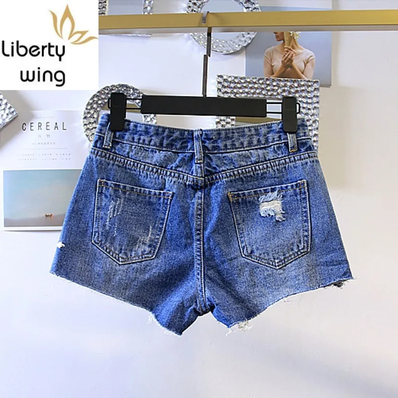 Summer Womens Denim Shorts Korean Fashion High Waist Hole Ripped Loose Fit Jeans Short Sequin Floral Wide Leg Woman Trouser