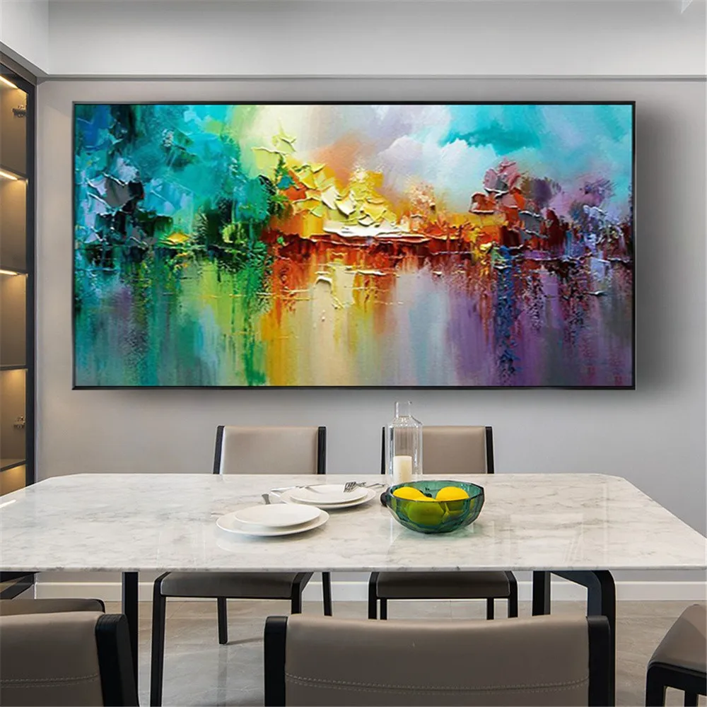 Modern Hand-Painted Oil Painting Abstract Lake View Thick Oil Color Knife Painting Gorgeous Canvas Art Picture Decor Living Room