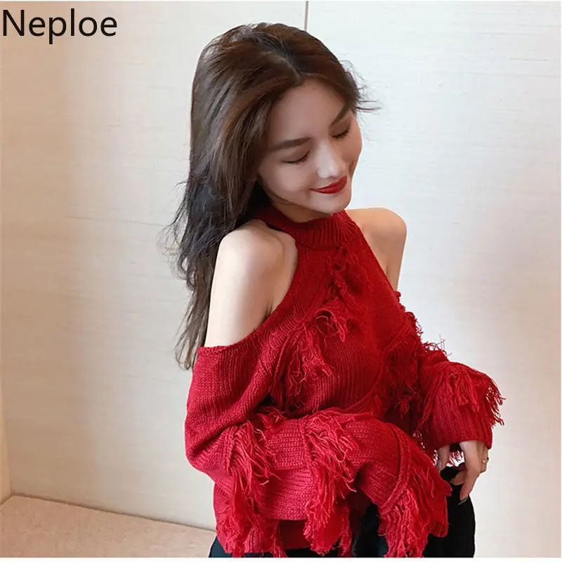 Neploe Sexy Lady Sweater Women Hollow Out Off Shoulder Knitted Cropped Pullovers Chic Tassels Jumper Sueter Fall 2023 Woman