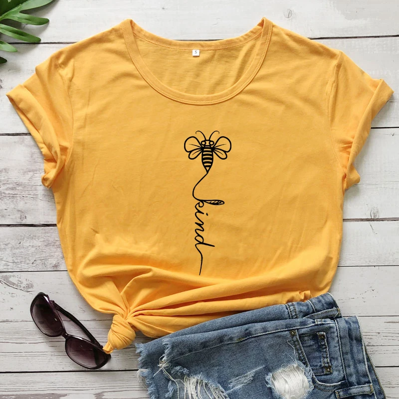 Bee Kind Cross Printed T-shirt Funny Summer Short Sleeve Graphic Kindness Tee Shirt Top Cute Women Inspirational Kindness Tshirt