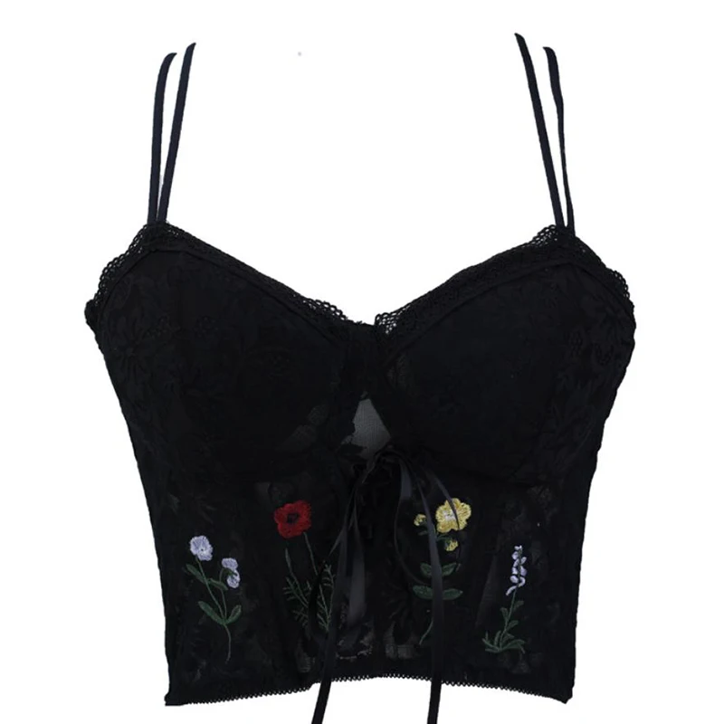 Sexy Flower Embroidery Bustier Black Crop Top Lace Braces Plus Size Clothing for Women Ribbons Tank Summer Vest Backless Bra