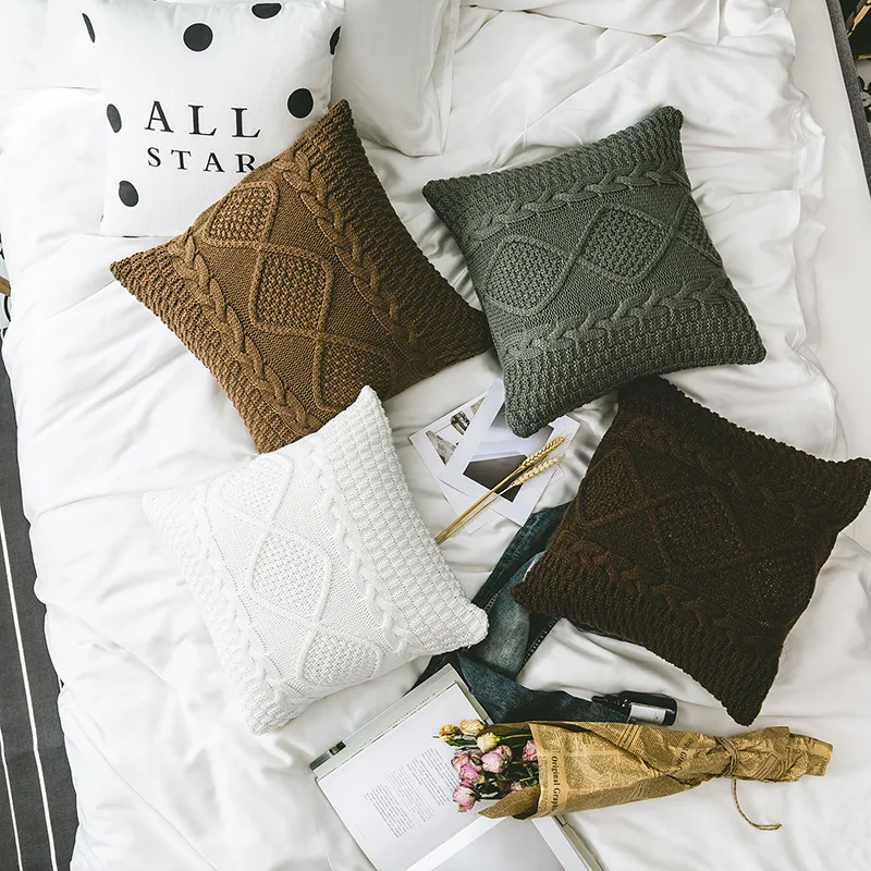 Nordic 45*45cm Knitted Bed Cushion Cover Sofa Home Decorative Double-Cable Warm Throw Pillow Case