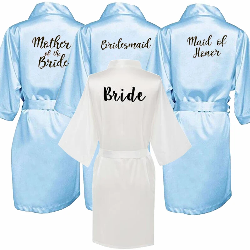 blue pink robe bride bridesmaid robe with white black letters mother sister of the bride wedding gift bathrobe kimono satin robe