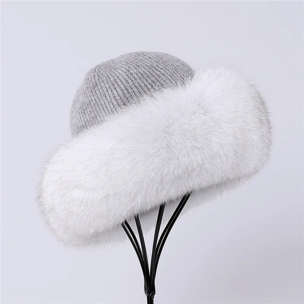 

2022 New Women's Angora Knitted Beanie Hat With Fox Fur Trimming Bucket Cap Top Hats Fleece Lining