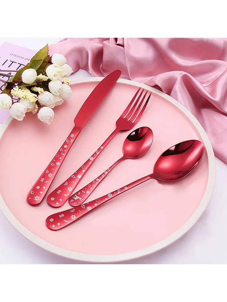 4pcs/set High Quality Christmas Flatware Set Stainless Steel Red Green Dinnerware Knife Fork Spoon Cutlery Kitchen Food 45a