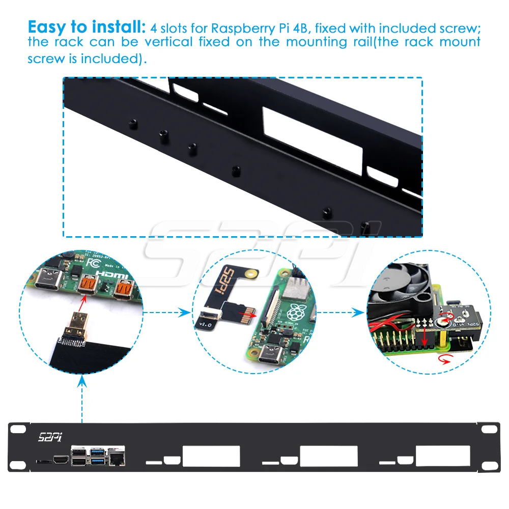 1U Rack For Raspberry Pi 4B Clusters Steel Bracket Rackmount Micro HDMI to HDMI Board TF Card to FPC Board Cooler