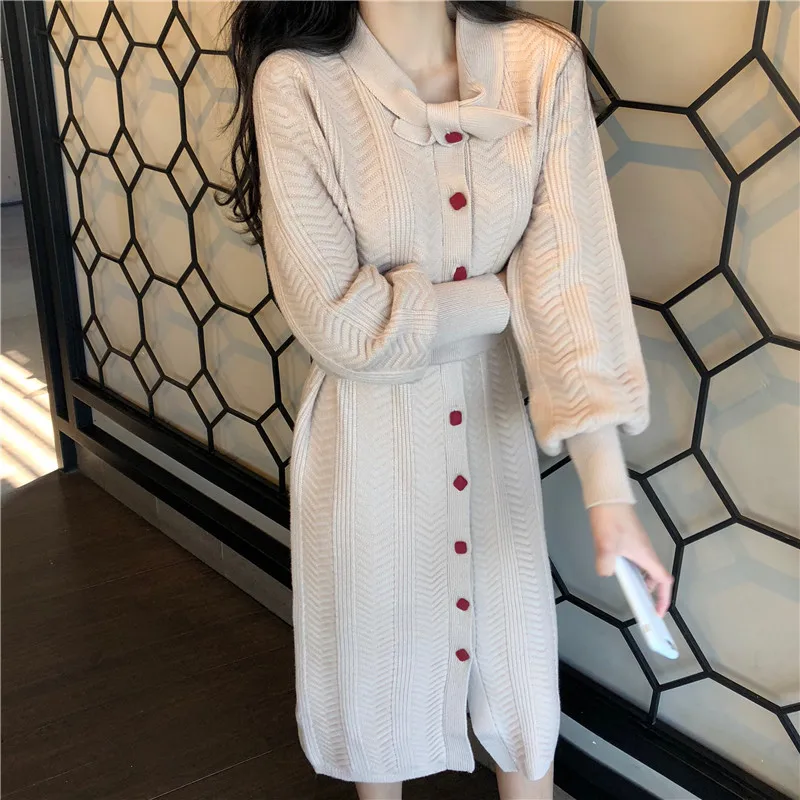 

2019 Autumn Winter Warm Thick Sweater Dress Women Button Sashes Knitted Dresses Ladies Long Sleeve Pullovers Dress Vestidos