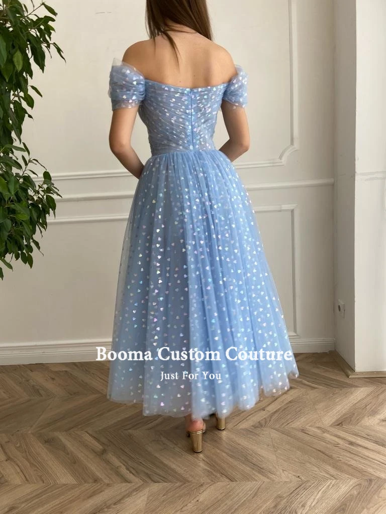 Booma Fairy Blue obfite suknie balowe 2022 Off the Shoulder V-Neck Midi suknie na bal maturalny plisowane Tea-Length-line suknie na przyjęcia weselne