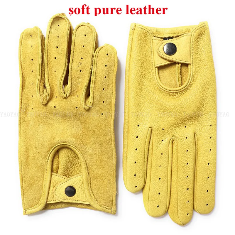 Stylish Women Genuine Leather Thin Gloves Female Full Finger Pure Sheerkin Driving Locomotive Luvas Guantes Mujer Yellow/Black