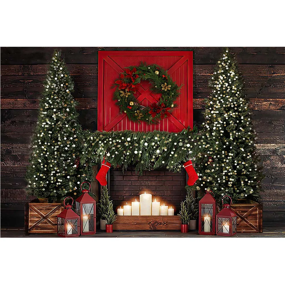 소박한 벽난로 촛불 사진 배경, 크리스마스 트리 양말, 겨울 파티 배경 장식, 어두운 다크 브라운 나무 화환 사진