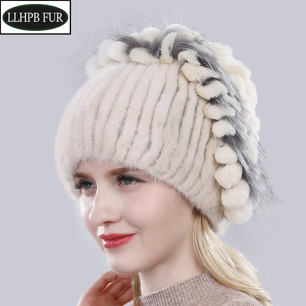 

2024 Winter Women 100% Natural Mink Fur Hat Top Fox Fur And Rex Rabbit Fur Cap New Girl Warm Fashion Knitted Real Mink Fur Hats