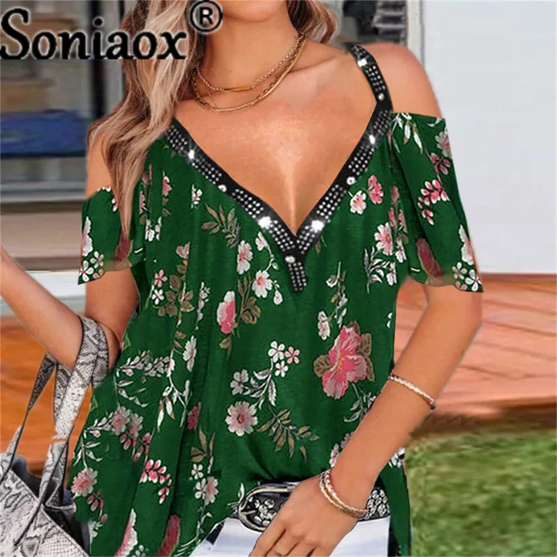 Flowers Print V Neck Elegant Blouse Shirt Women 2021 Summer Strapless Short Sleeve Diamond Tops Femme Summer Blouses T-Shirt