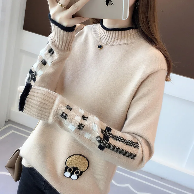 

Cartoon Base Sweater Knitted Patch Pullover Sweater Women Korean Version Long-sleeved Tops Autumn And Winter New 2023